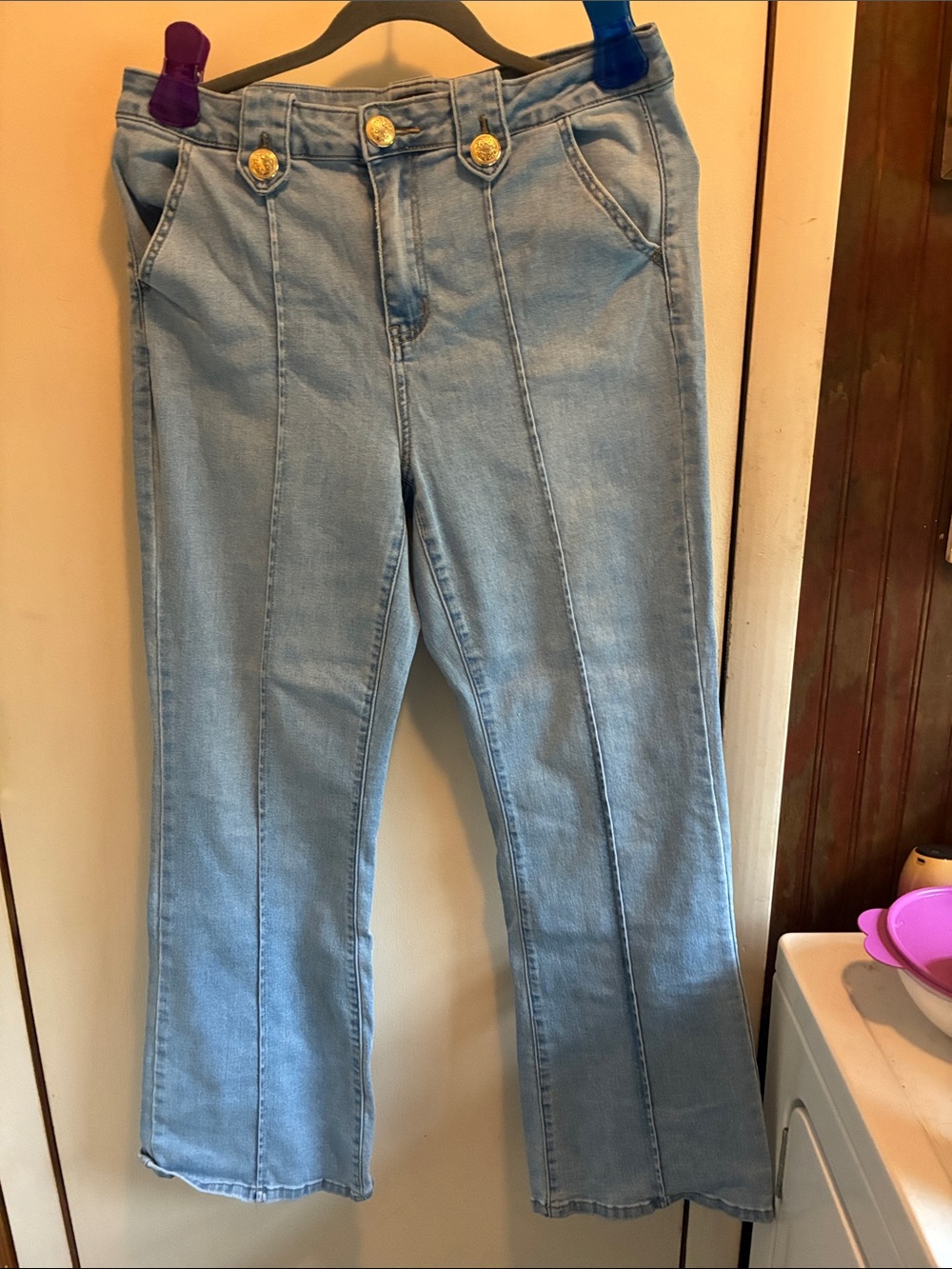 IMAN Light Blue Flared Jeans with Gold Button Trim
